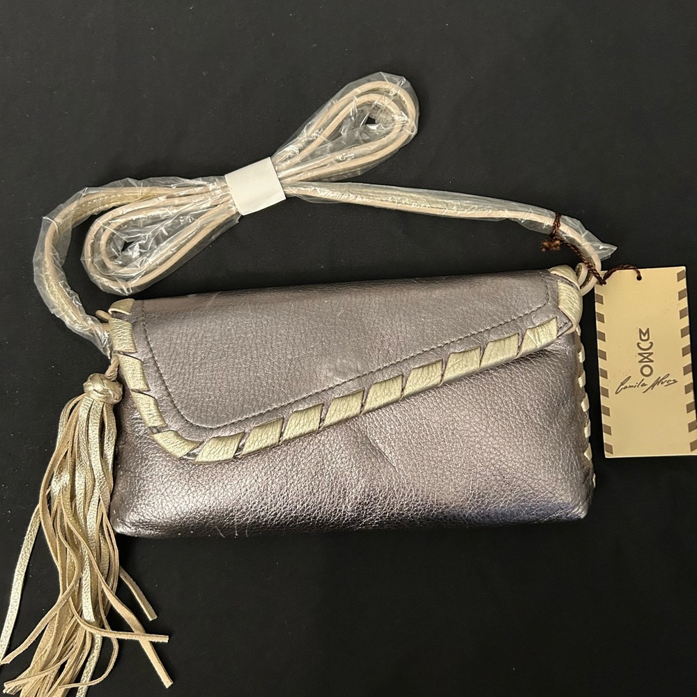 Metallic Leather Clutch with Tassel